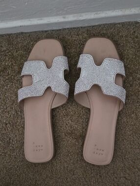 a new day Nude Slide Sandals with Silver Crystal Straps